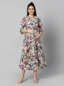 Aanyor Maternity Floral Printed Tiered Gathers Detailed Cotton Fit & Flare Dress