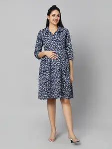 Aanyor Abstract Printed Shirt Collar Maternity Cotton Fit & Flare Dress