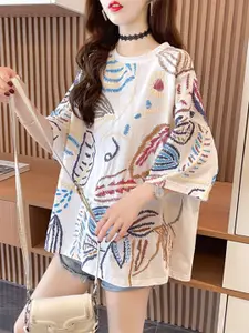 BoStreet White Graphic Printed Drop Shoulder Sleeves Pure Cotton Longline T-Shirt