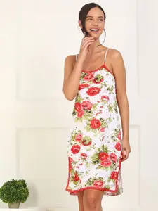 HERE&NOW White & Red Floral Printed Shoulder Straps Nightdress