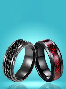 UNIVERSITY TRENDZ Men Set Of 2 Rhodium-Plated Dragon Spinner Double Finger Ring