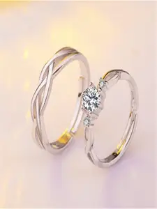 UNIVERSITY TRENDZ Sparkling Set Of 2 Silver-Plated Crystal Studded Couple Finger Rings