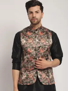 Kaifoo Mandarin Collar Floral Printed Cotton Silk Nehru Jacket
