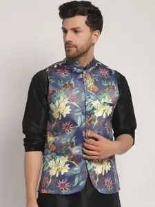 Kaifoo Mandarin Collar Floral Printed Cotton Silk Nehru Jacket