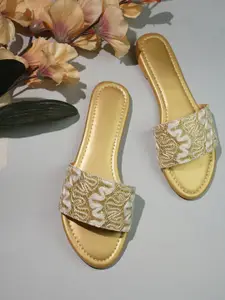 Anouk Women Gold-Toned Woven Design Fabric Open Toe Flats