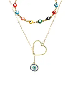 OOMPH Set of 2 Evil Eye Multicolor Beads Choker & Heart Lariat Necklace