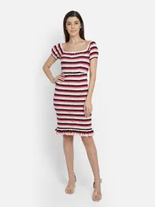 Yaadleen Striped Square Neck Gathered Or Pleated Sheath Dress