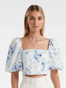Forever New Floral Printed Puff Sleeve Linen Regular Crop Top