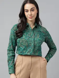 Hancock Satin Relaxed Regular Fit Ethnic Motifs Printed Pure Cotton Satin Formal Shirt