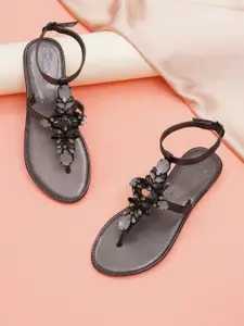 ELANBERG Women Embellished T-Strap Flats With Ankle Loop