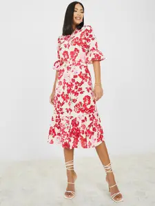 Styli Red Floral Printed Bell Sleeves Belted Fit & Flare Midi Dress