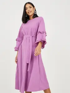 Styli Purple Flared Sleeve Cotton A-Line Midi Dress