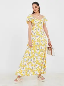 Styli Floral Printed Square Neck Puff Sleeves Cut-Out Maxi Dress