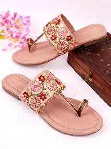 Sangria Women Peach - Coloured Embroidered Embellished One-Toe Flats