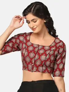 THE WEAVE TRAVELLER Block Printed Cotton Non-Padded Without Lining Saree Blouse