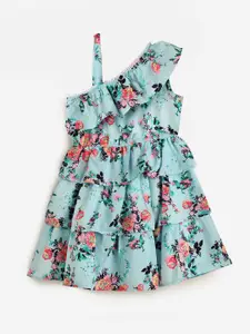 YK Girls Floral Printed One Shoulder Ruffled Fit & Flare Dress
