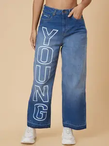 Globus Women Blue & Women Mid -Rise Printed Boyfriend Fit Light Fade Pure Cotton Jeans