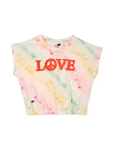 Actuel Girls Typography Printed Tie & Dye Pure Cotton Top