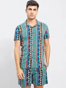 SnitchBlue Printed Linen Casual Shirt With Shorts