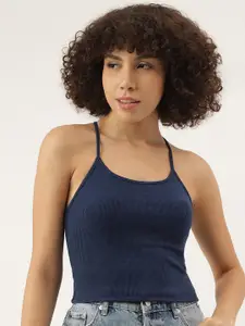 AAHWAN Blue Halter Neck Ribbed Crop Top