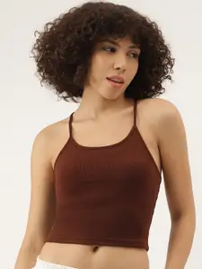 AAHWAN Brown Scoop Neck Ribbed Crop Top