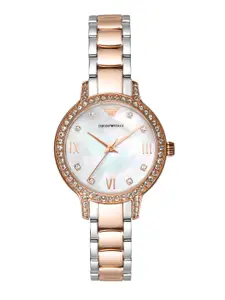 Emporio Armani Embellished Mother of Pearl Dial & Two Tone Straps Analogue Watch AR11499