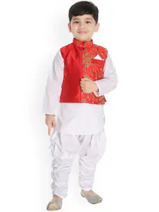 BAESD Boys Kurta With Dhoti Pants And Floral Embroidered Waistcoat