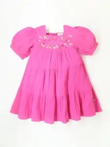 Cherry Crumble Girls Puff Sleeve Embroidered Pure Cotton Tiered A Line Dress
