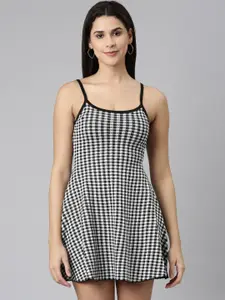SHOWOFF Monochrome Checked Cotton Casual A-Line Dress