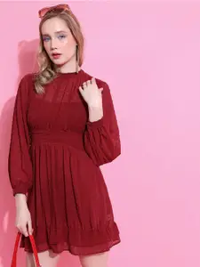 KETCH High Neck Puff Sleeves Gathered Detail Fit & Flare Dress