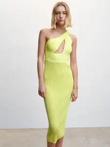 MANGO One Shoulder Twisted Cut-Out Detail Self-Striped Bodycon Midi Dress