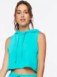 FOREVER 21 Blue Sleeveless Cotton Hooded Top