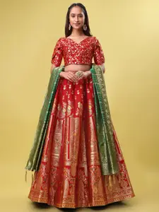 PURVAJA Woven Design V-Neck Ready to Wear Lehenga & Unstitched Blouse With Dupatta