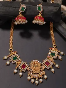 PANASH Gold-Plated Stone-Studded & Beaded Temple Necklace & Earrings