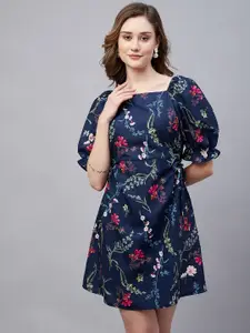 Marie Claire Navy Blue Floral Printed Flared Sleeve Georgette Fit & Flare Dress