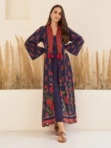 Rustorange Ethnic Motifs Printed Maxi Dress With Long Floral Shrug