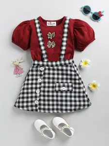 M'andy Girls Checked Cotton Top With Dungaree Skirt
