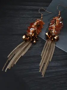 Jewels Galaxy Peach-Coloured Gold-Plated Beaded Tasselled Handcrafted Drop Earrings