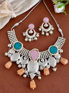 Silvermerc Designs Silver-Plated Turquoise Stone-Studded & Beaded Necklace & Earrings