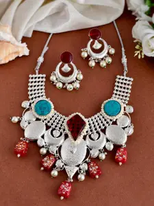 Silvermerc Designs Silver-Plated Tuquoise-Studded &  Beaded Necklace & Earrings