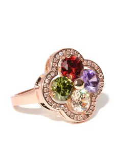 Jewels Galaxy Multicoloured 18K Rose Gold-Plated CZ Stone-Studded Ring