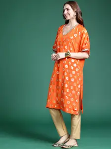 Sangria Women Orange & Gold-Toned Floral Printed Extended Sleeves Gotta Patti Floral Kurta
