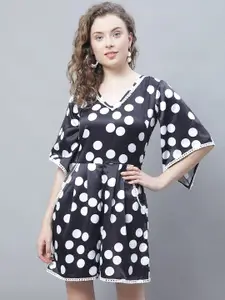 Karmic Vision Polka Dot Printed V-Neck Flared Sleeve Fit & Flare Dress