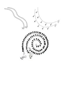 RUHI COLLECTION Set Of 3 Silver-Plated & Beaded Anklets
