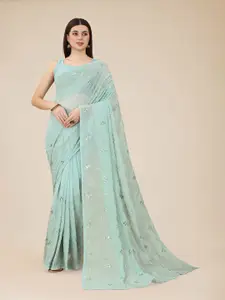 HERE&NOW Olive Green & Silver-Toned Embellished Sequinned Poly Georgette Saree