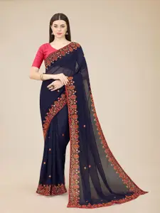 HERE&NOW Navy Blue & Red Ethnic Motifs Embroidered Poly Georgette Saree