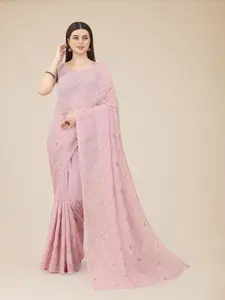 HERE&NOW Pink & Gold-Toned Embellished Sequinned Poly Georgette Saree