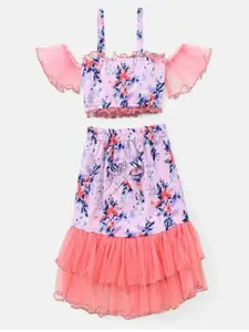 M'andy Girls Floral Printed Pure Cotton Top With Skirt