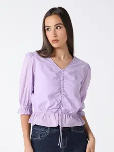 Pepe Jeans Self Design Puff Sleeve Cotton Ruched Pure Cotton Cinched Waist Top