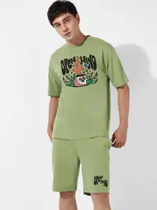Campus Sutra Green Printed Round Neck T-shirt With Shorts